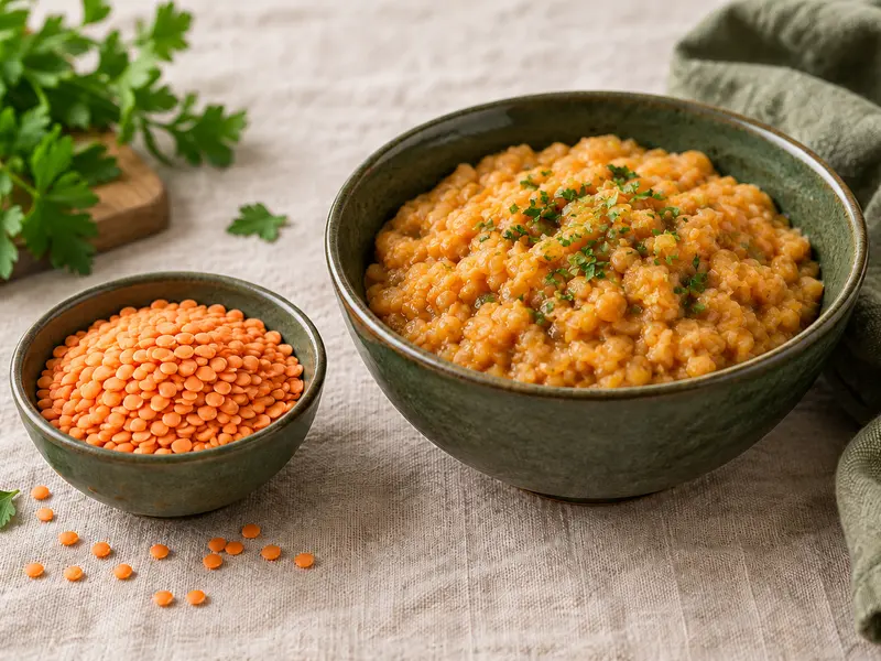 Dry and cooked lentils shown in separate bowls.