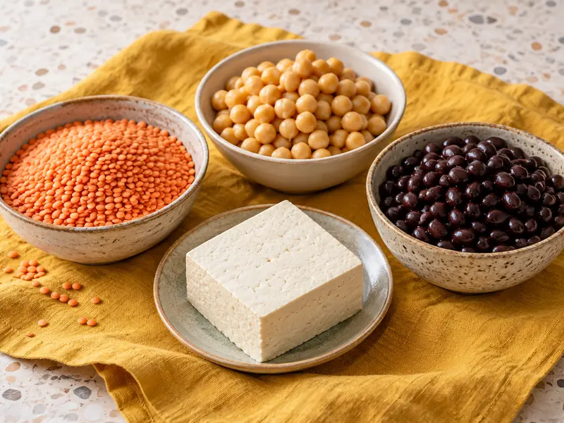 Dry lentils, cooked beans and tofu shown as distinct foods.