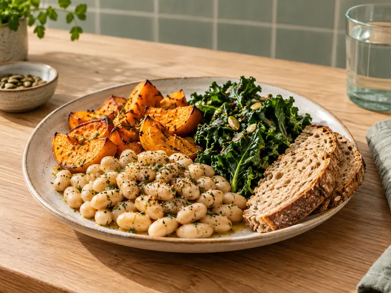 A plate of white beans, vegetables and whole-grain bread.