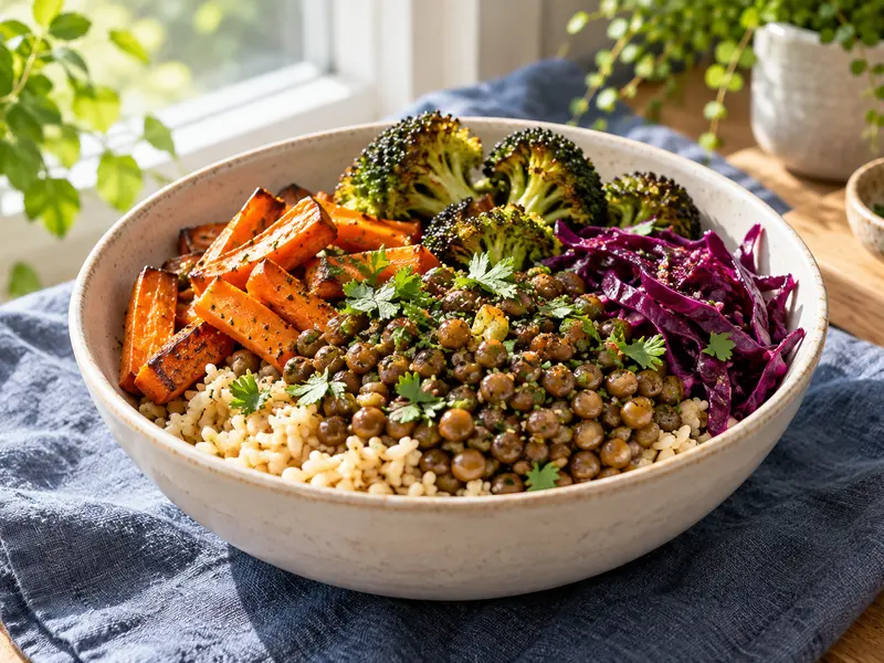 Lentils, rice and colourful vegetables in a ceramic bowl.