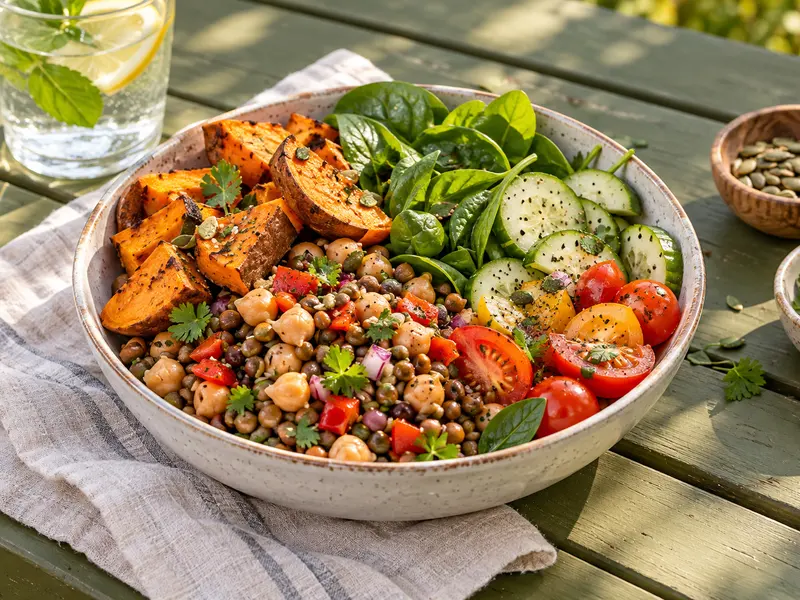 Beans, sweet potato and fresh vegetables arranged for lunch.