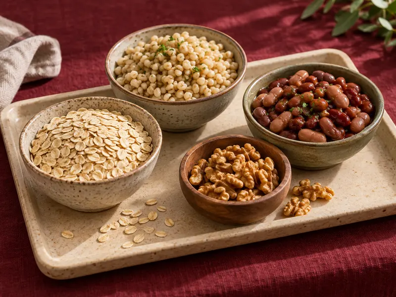 Oats, barley, beans and walnuts in small bowls.