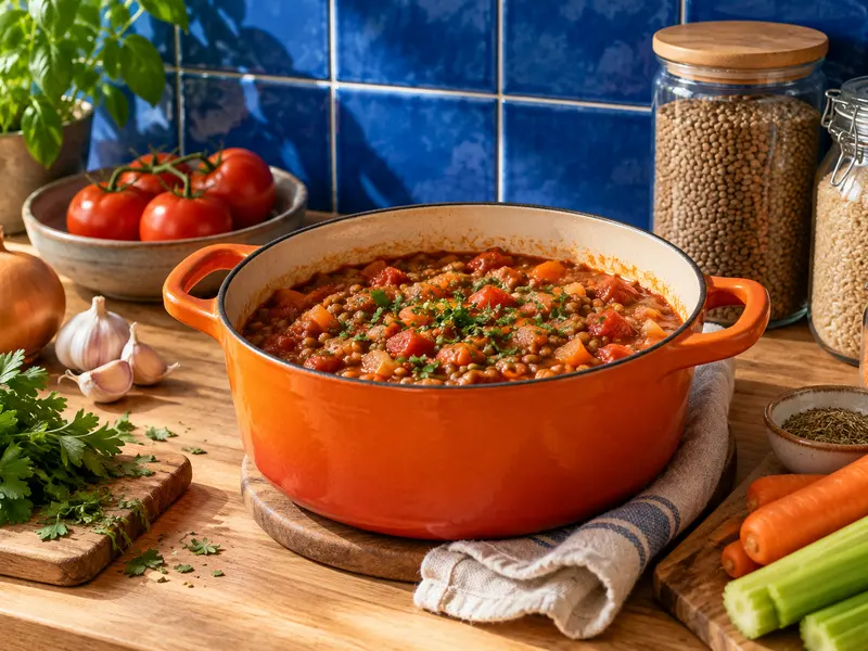Lentil and tomato stew with pantry staples nearby.
