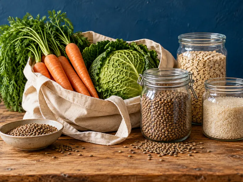 A grocery bag and affordable grain, lentil and vegetable staples.