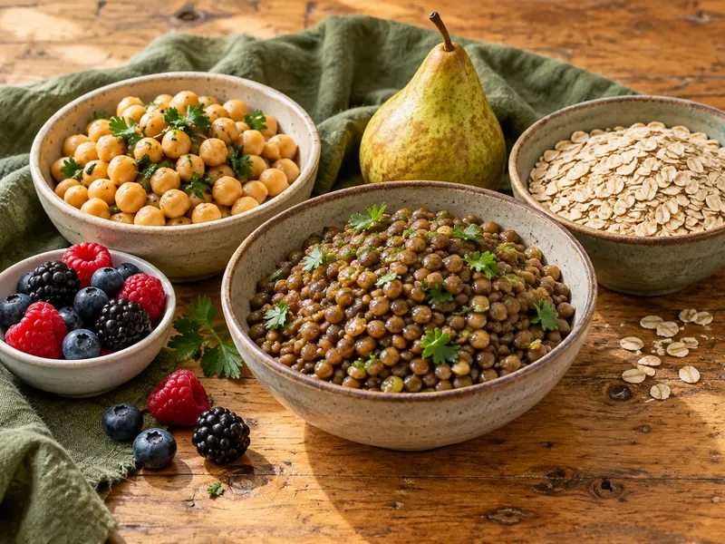 Chickpeas, lentils, oats, pear and berries on a wooden counter.