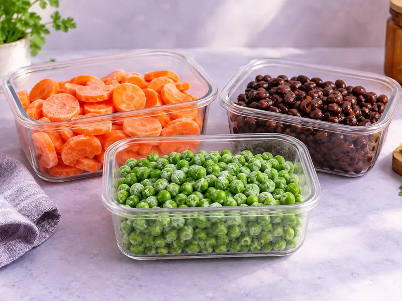 Frozen vegetables and cooked beans in reusable containers.