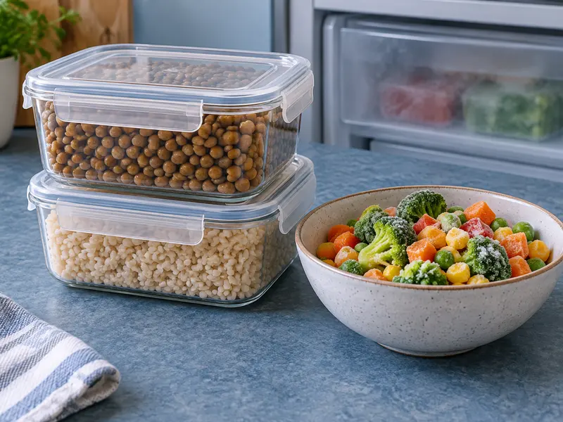 Lentils, rice and frozen vegetables prepared for storage.