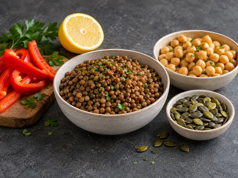 Lentils, chickpeas, pumpkin seeds, red pepper and lemon.
