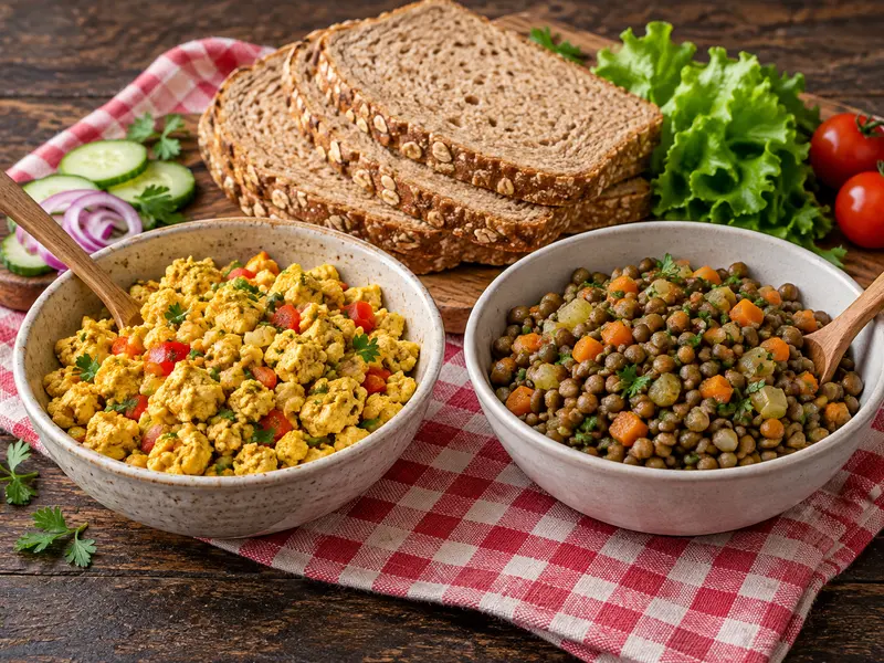 Tofu and lentil sandwich fillings beside whole-grain bread.