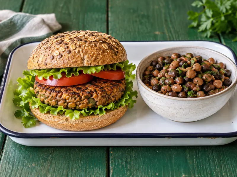 A plant-based burger beside a bowl of cooked beans.