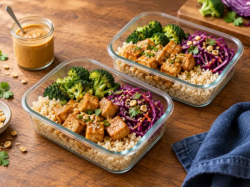 Tofu, rice and vegetables portioned into lunch containers.