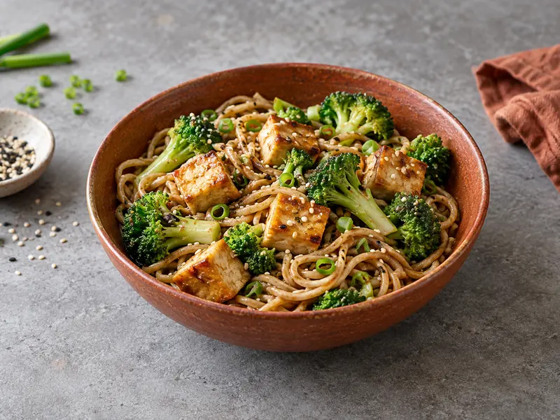 A tofu, whole-wheat noodle and broccoli meal.