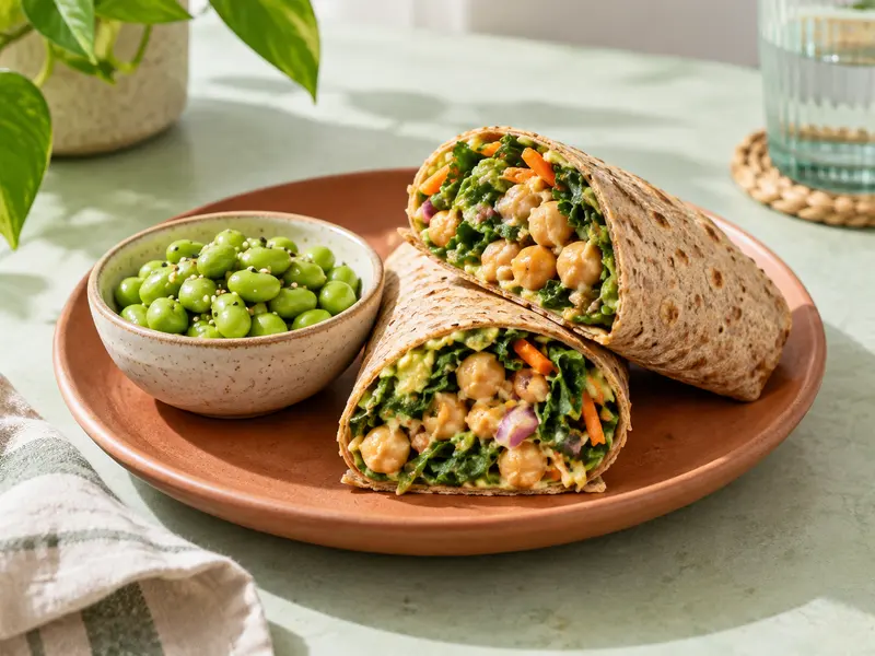 A chickpea wrap and a bowl of edamame.