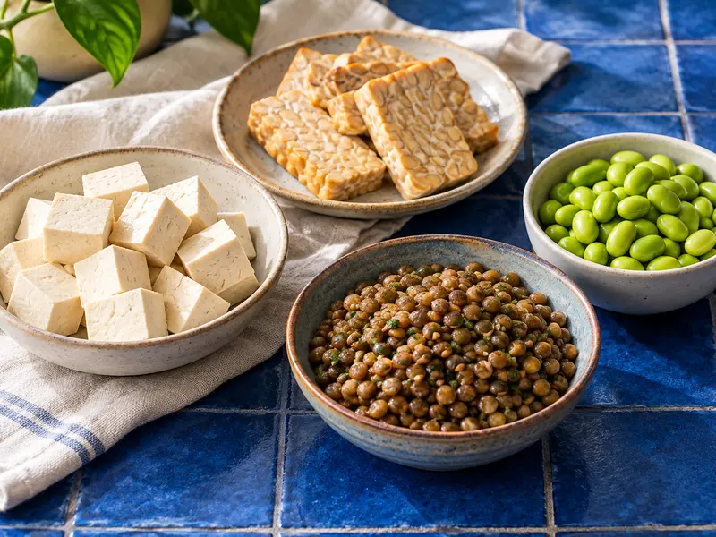 Tofu, tempeh, lentils and edamame in separate dishes.