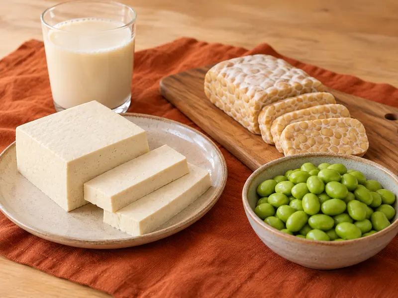 Tofu, tempeh, edamame and soy drink on a kitchen counter.