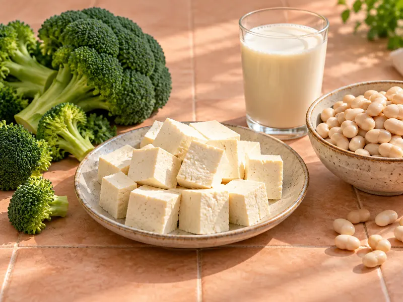 Tofu, broccoli, white beans and soy drink on a peach surface.