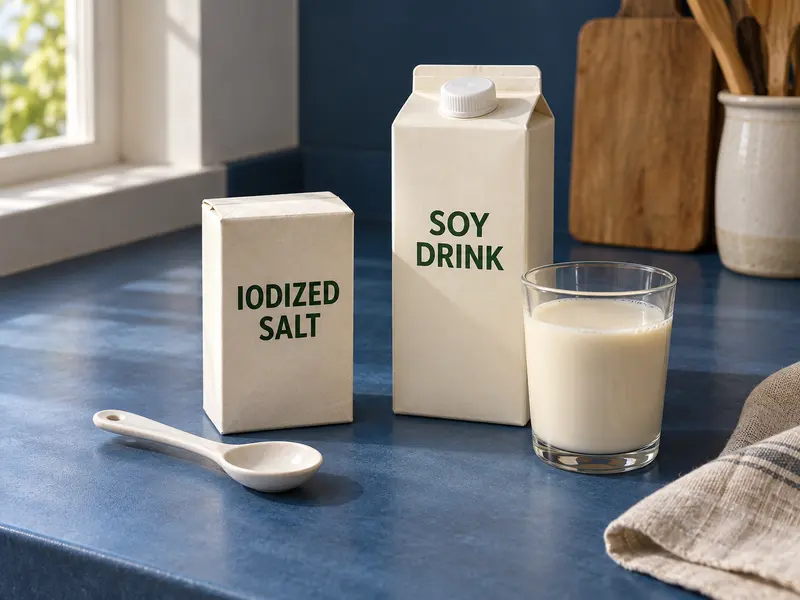 Generic cartons marked iodized salt and soy drink beside a glass and an empty spoon on a blue counter