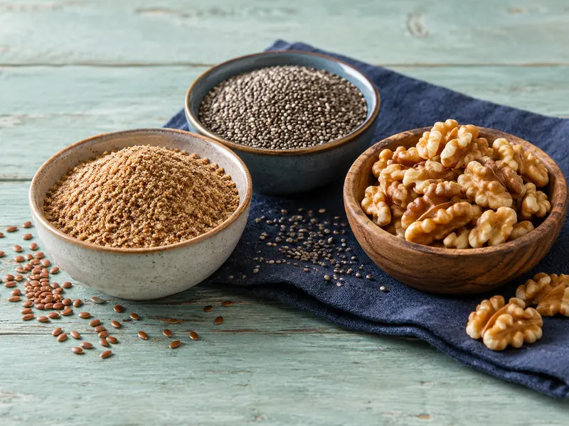 Ground flaxseed, chia seeds and walnuts in small bowls.