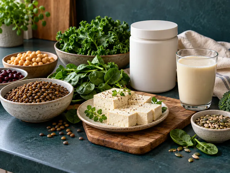 A plain supplement container beside varied plant foods.