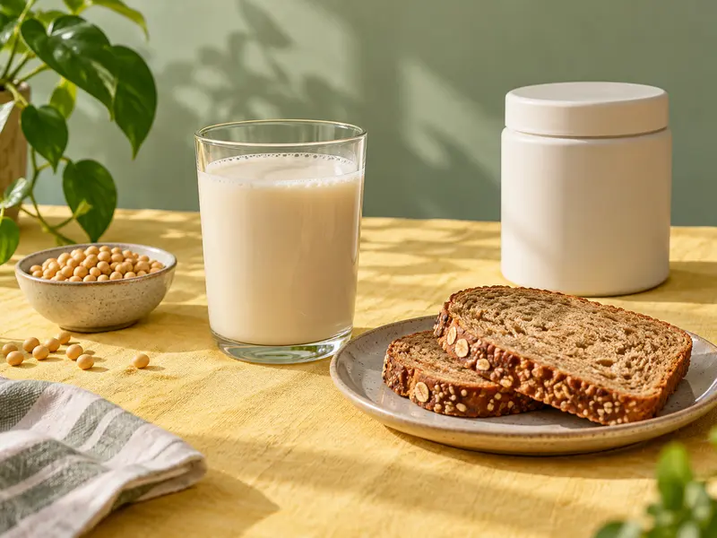 Soy drink, toast and a plain closed supplement container.