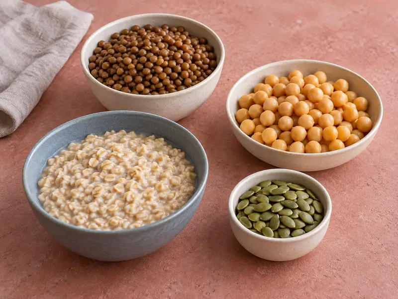 Separate bowls of cooked lentils, chickpeas, plain oatmeal and green pumpkin-seed kernels on a dusty rose table