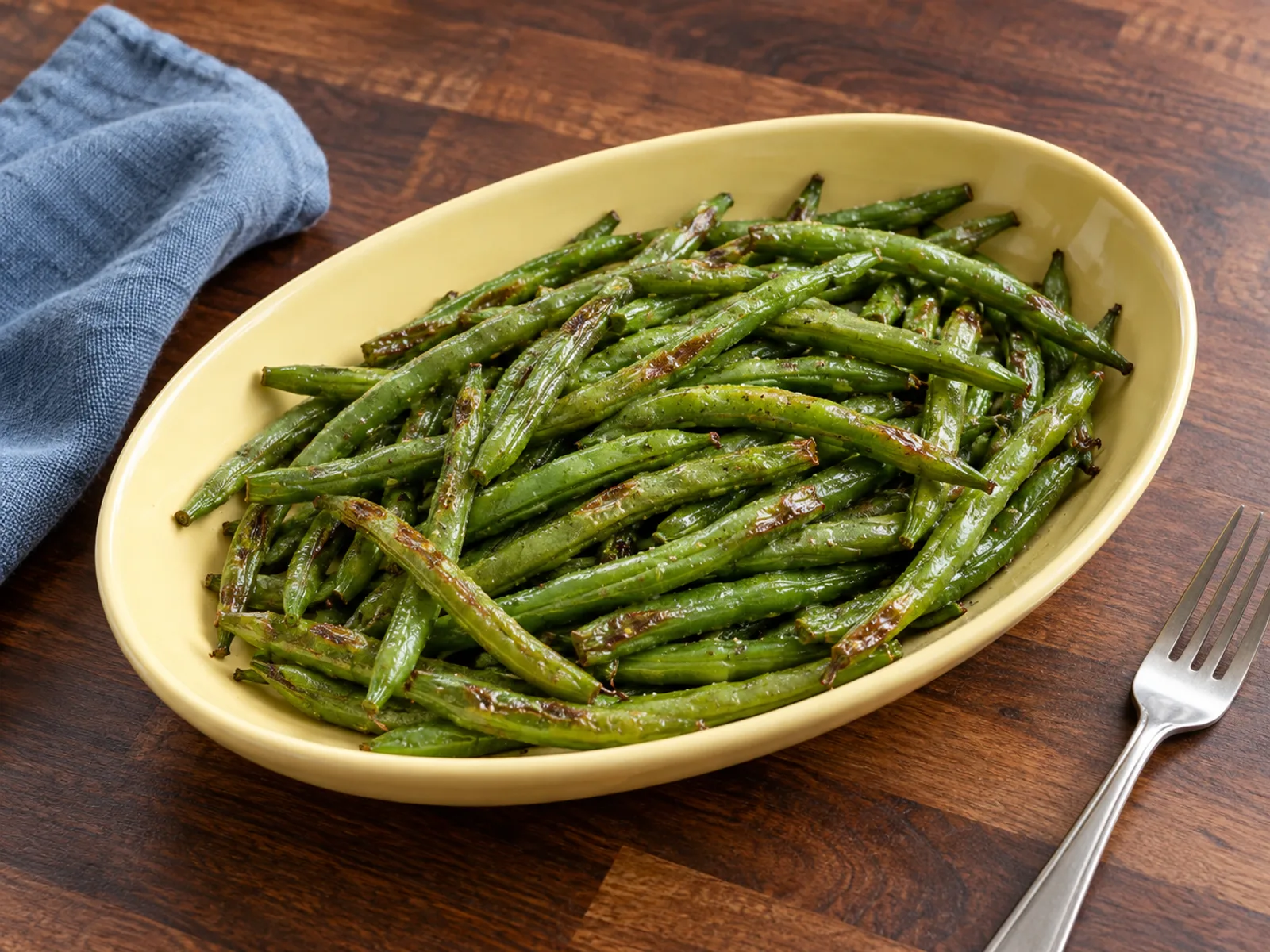 Whole cooked green beans with small browned patches and pepper specks on a pale yellow oval dish over walnut wood beside a muted blue cloth