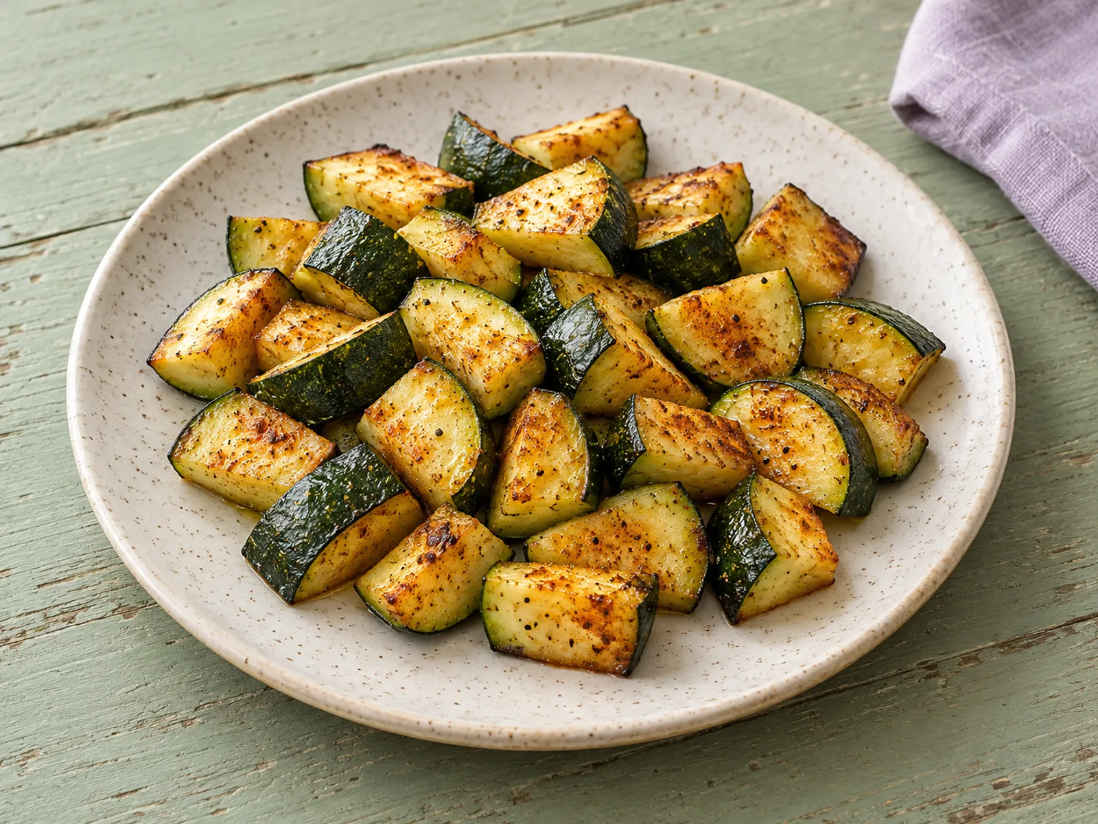 Golden zucchini chunks with dark-green skin and paprika specks on an ivory plate over sage-green wood