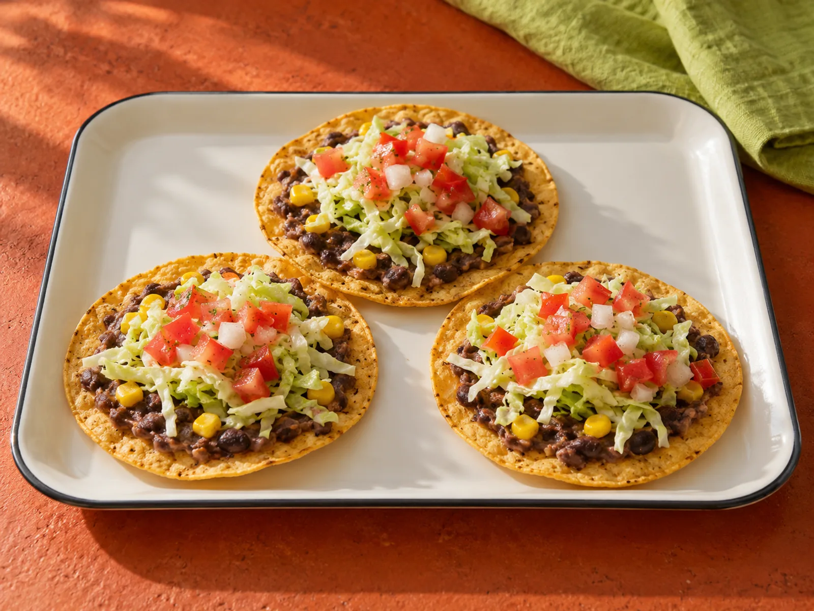 Crisp corn tostadas topped with mashed black beans, yellow corn, shredded green cabbage, and diced tomato and yellow onion