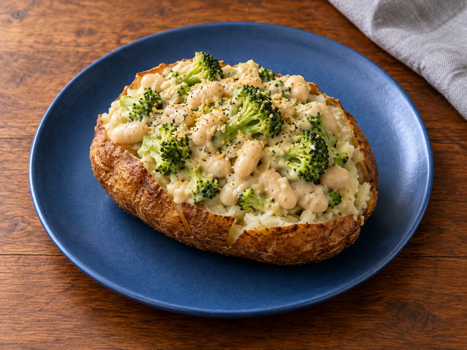 Split baked potatoes topped with broccoli florets and a chunky creamy white bean sauce
