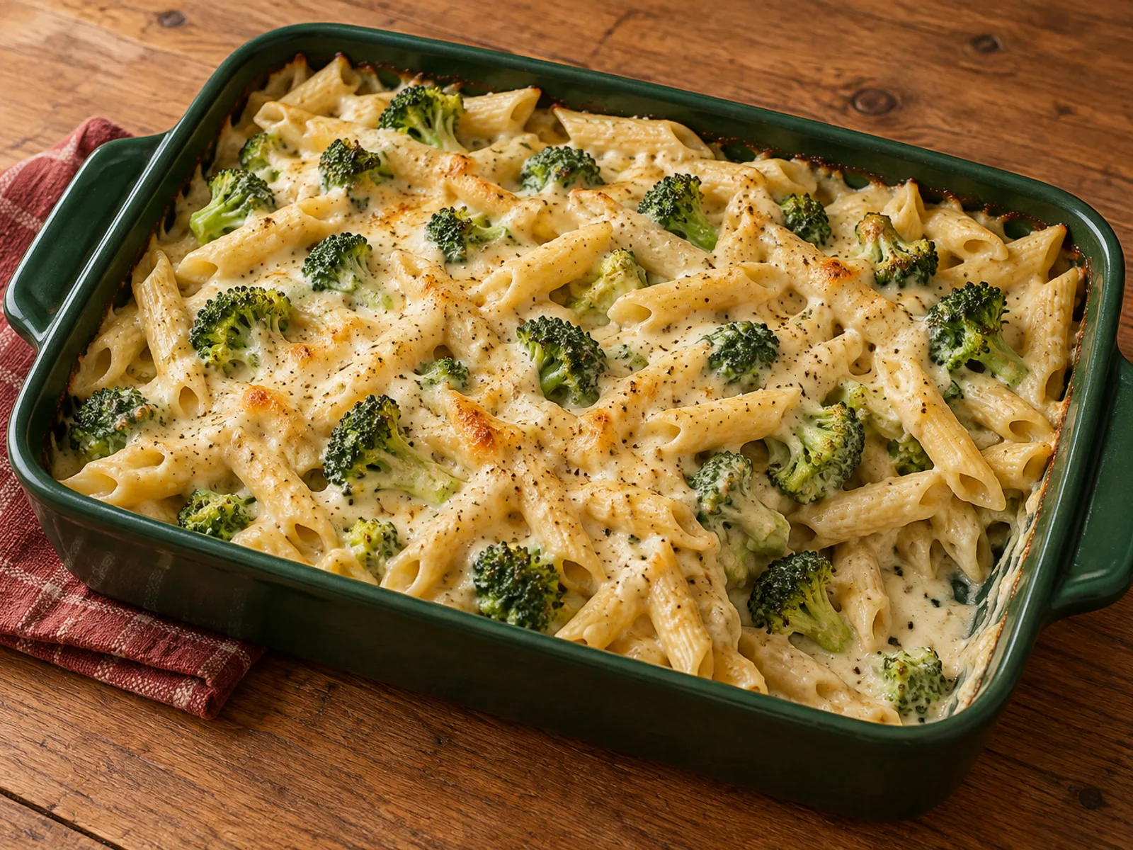 Penne and cooked broccoli coated in pale white-bean sauce in a rectangular baking dish