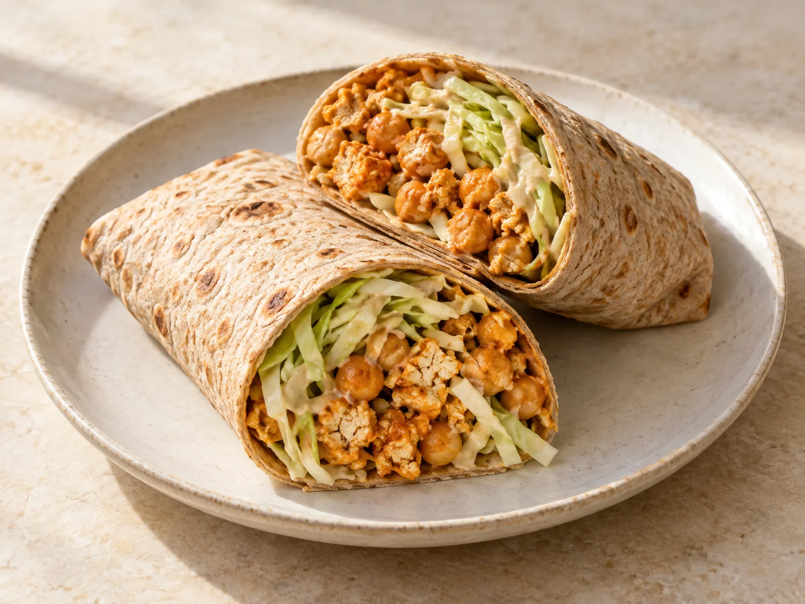 Buffalo chickpea tofu wraps served ready to eat