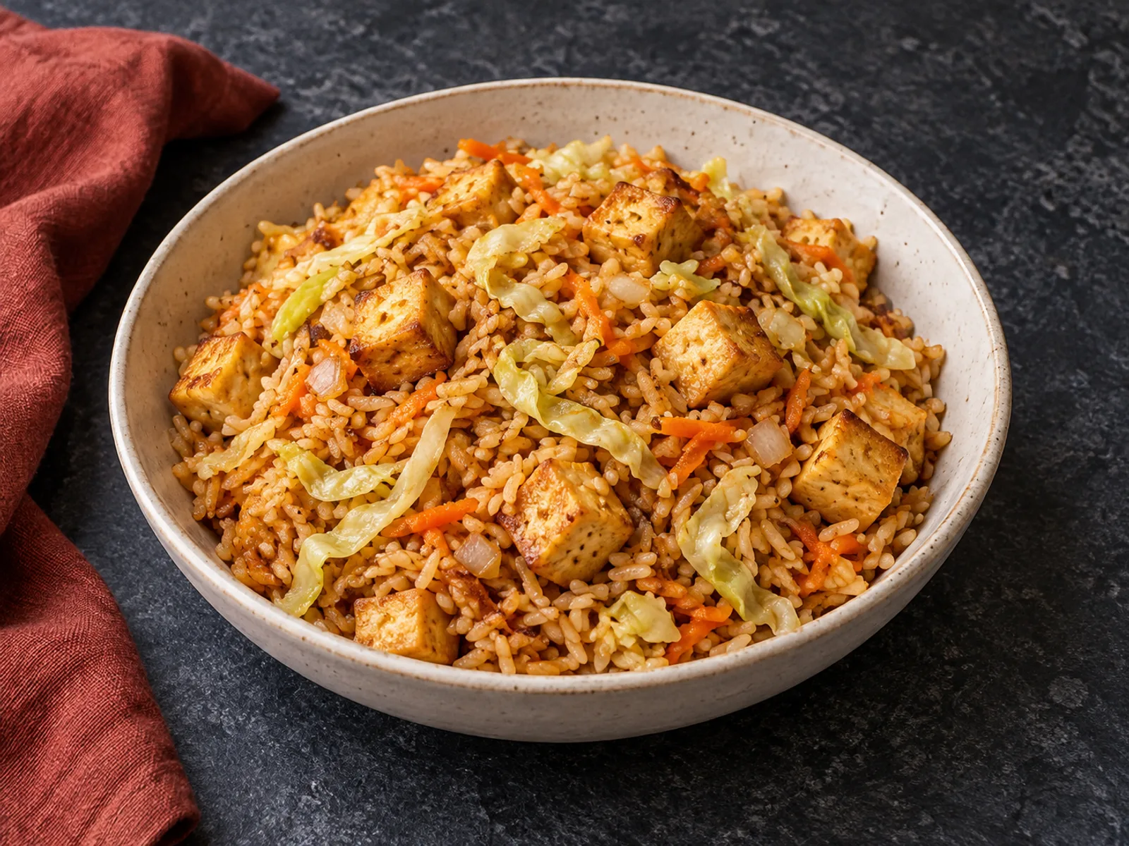Cabbage and tofu fried rice with grated carrot and browned tofu cubes in a shallow bowl