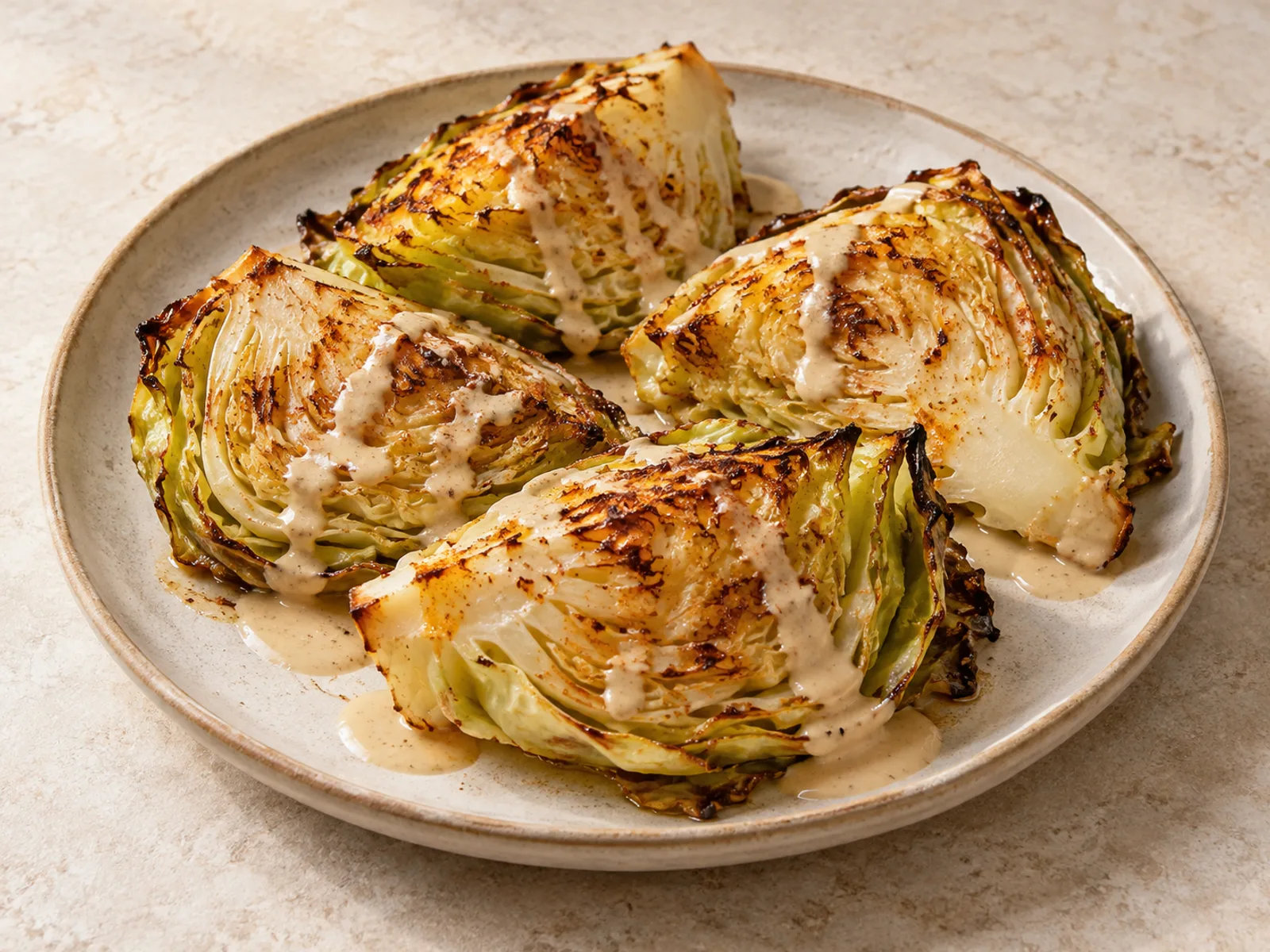 Cabbage wedges with tahini served ready to eat