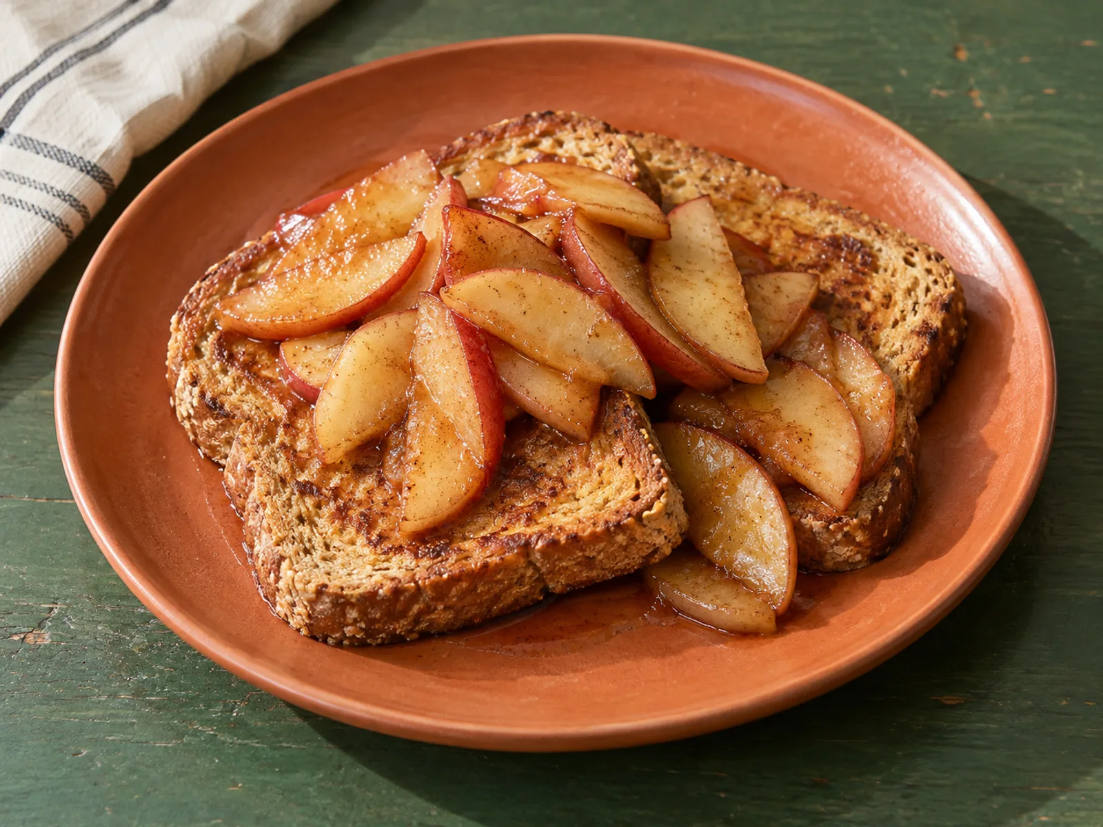Golden whole-wheat French toast with cooked cinnamon apple slices on an orange plate