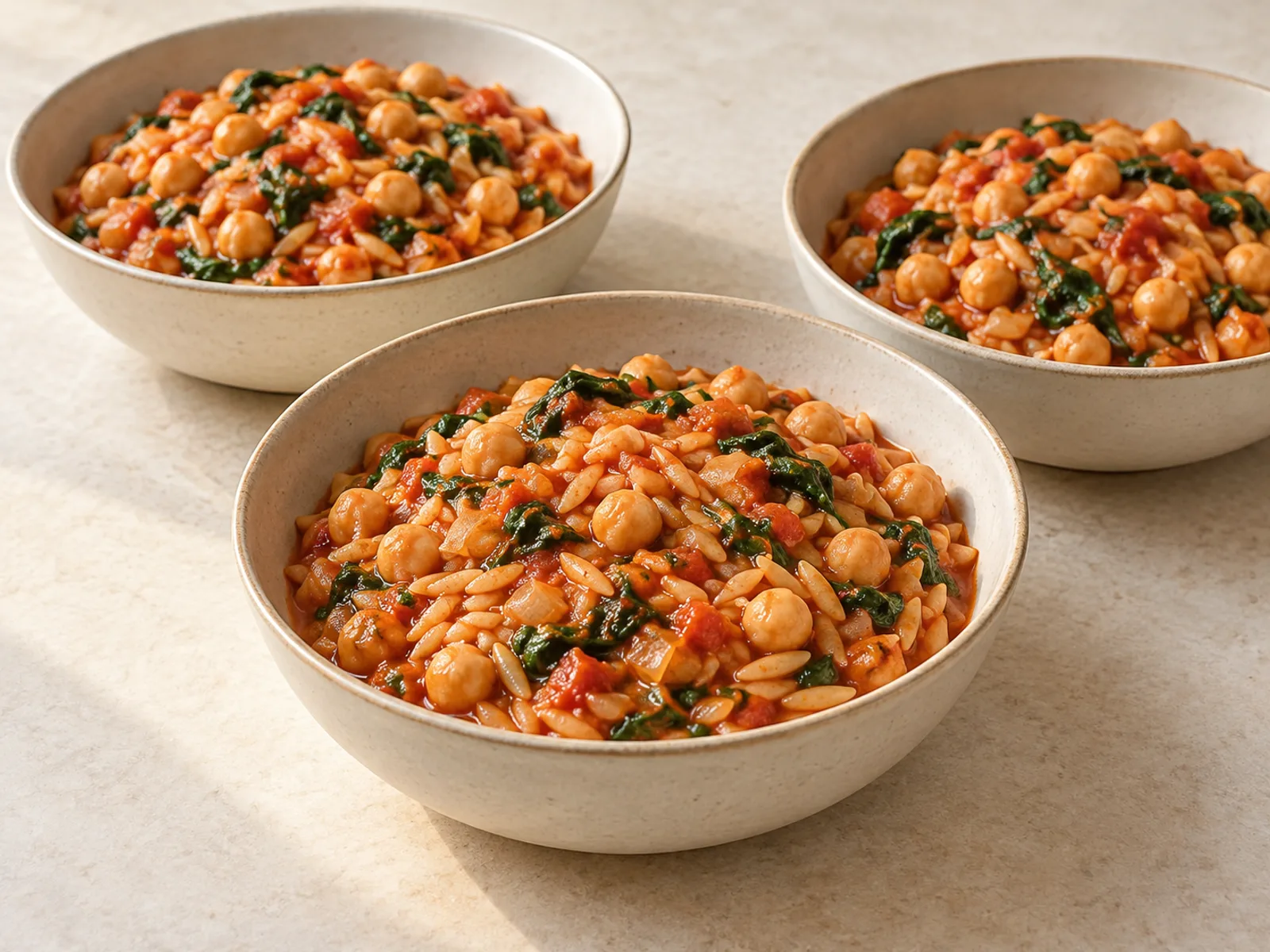Chickpea tomato orzo served ready to eat
