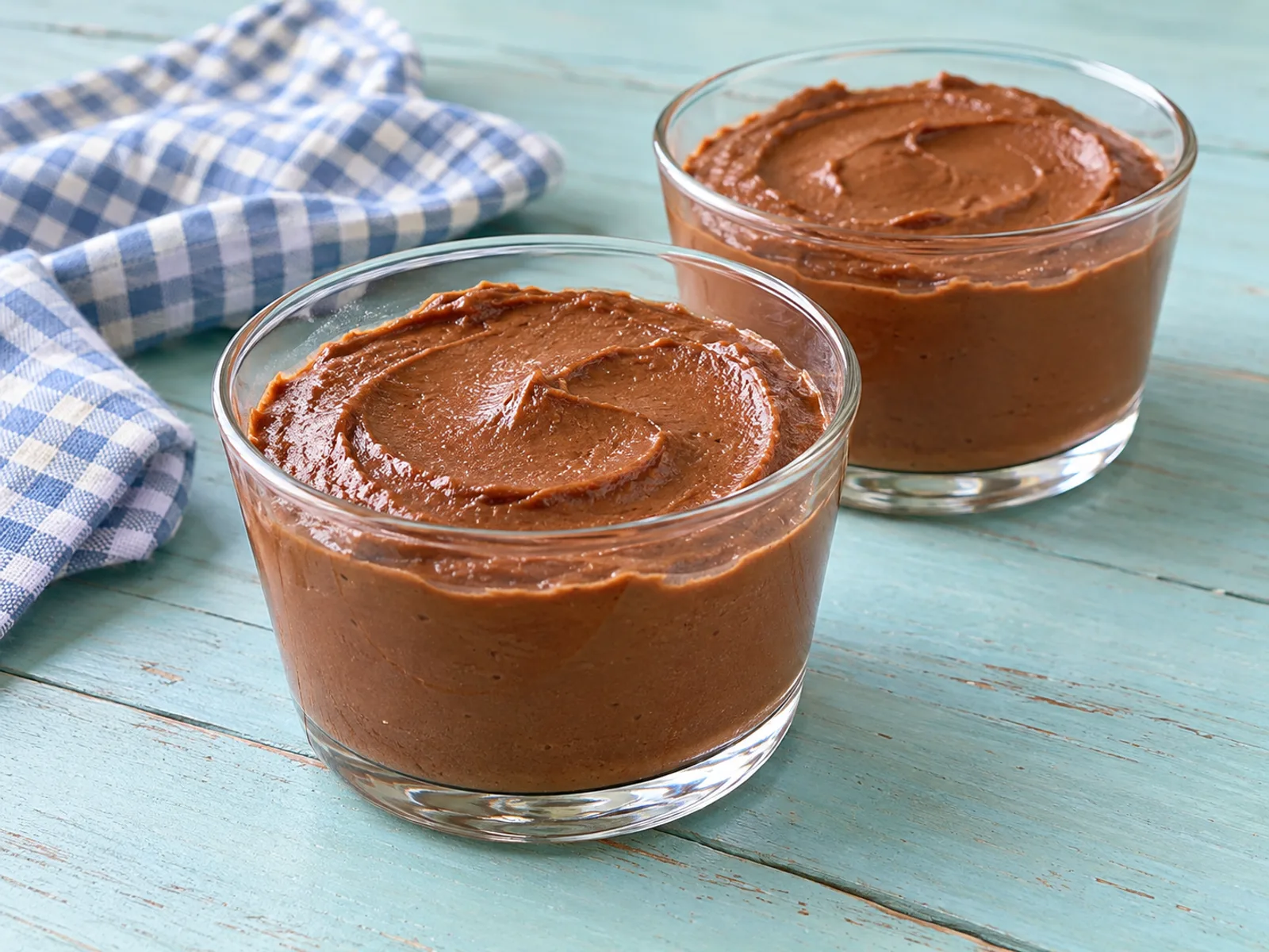 Two glass cups of chocolate peanut tofu pudding on a pale aqua table