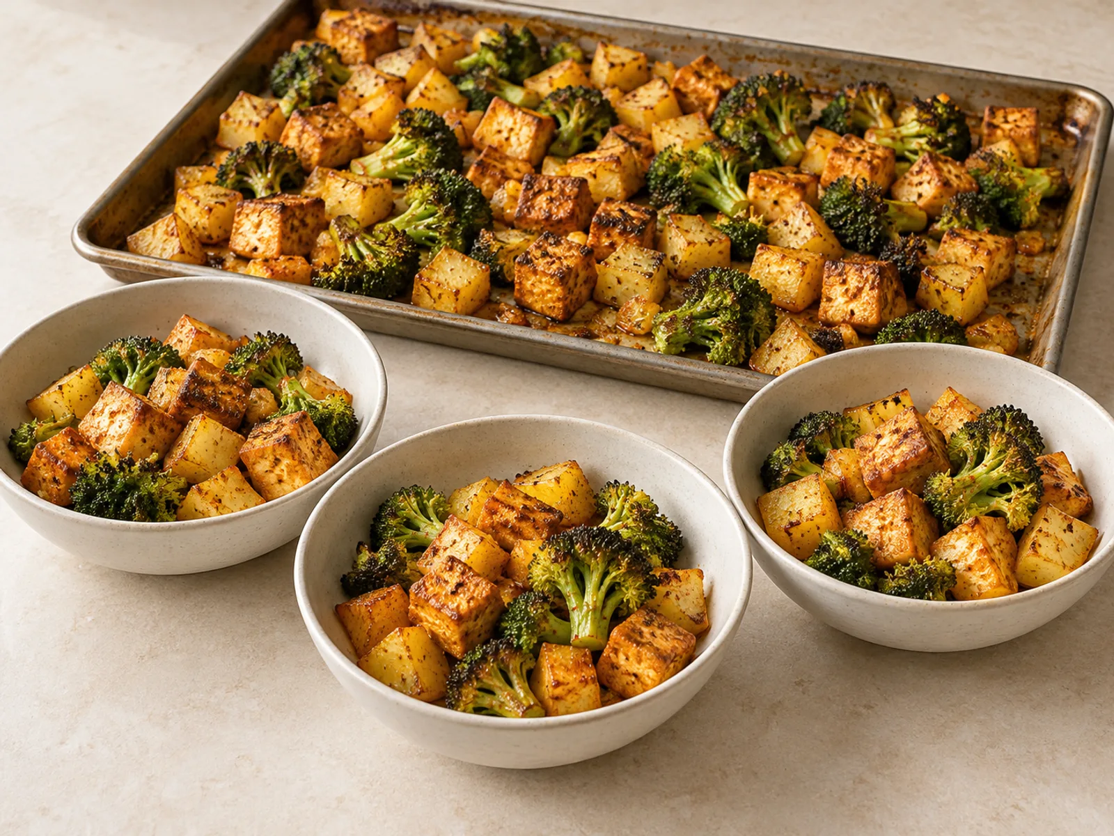 Crispy tofu potato tray bake served ready to eat