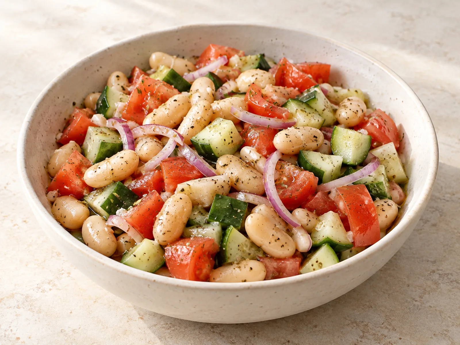 Cucumber white bean tomato salad served ready to eat