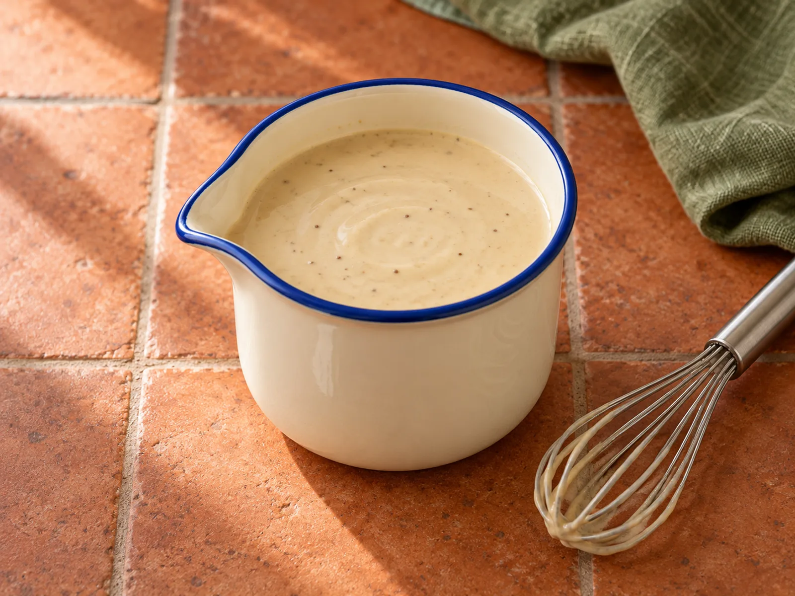 Smooth pale beige lemon tahini dressing in a small pouring jug, without toppings