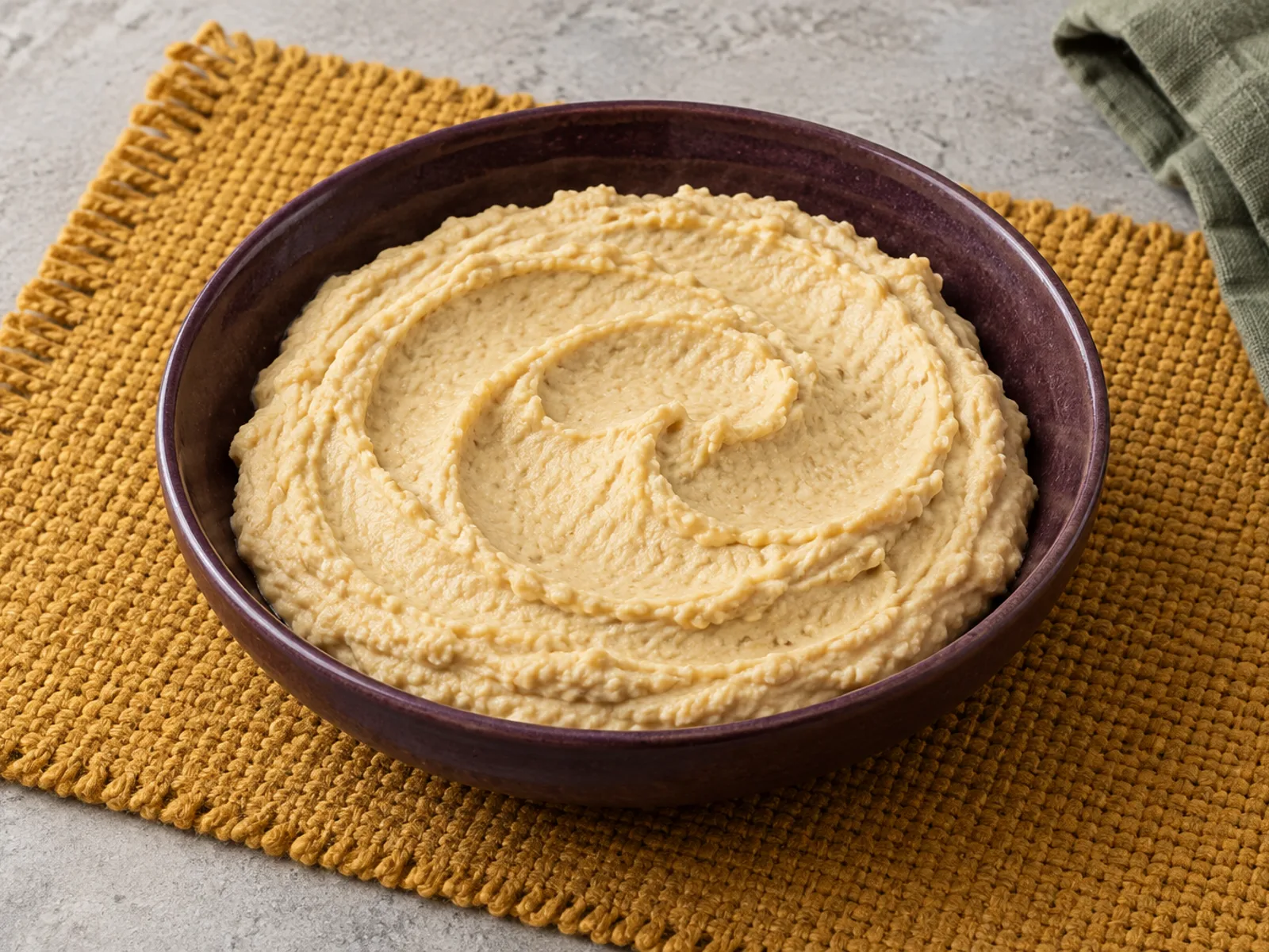 Pale beige lemon tahini hummus with shallow spoon marks in a ceramic bowl, without toppings