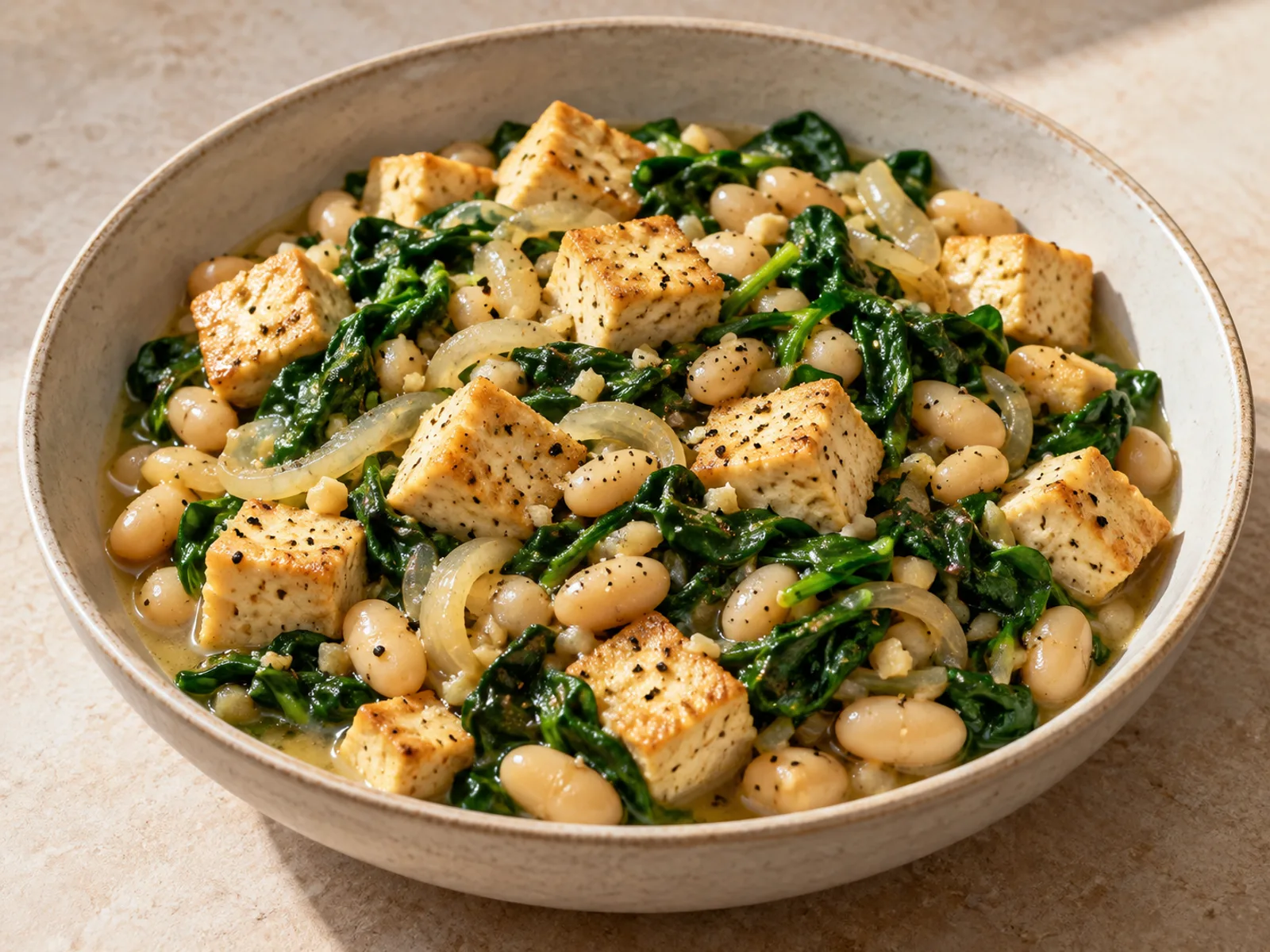 Lemon tofu and white bean skillet served ready to eat