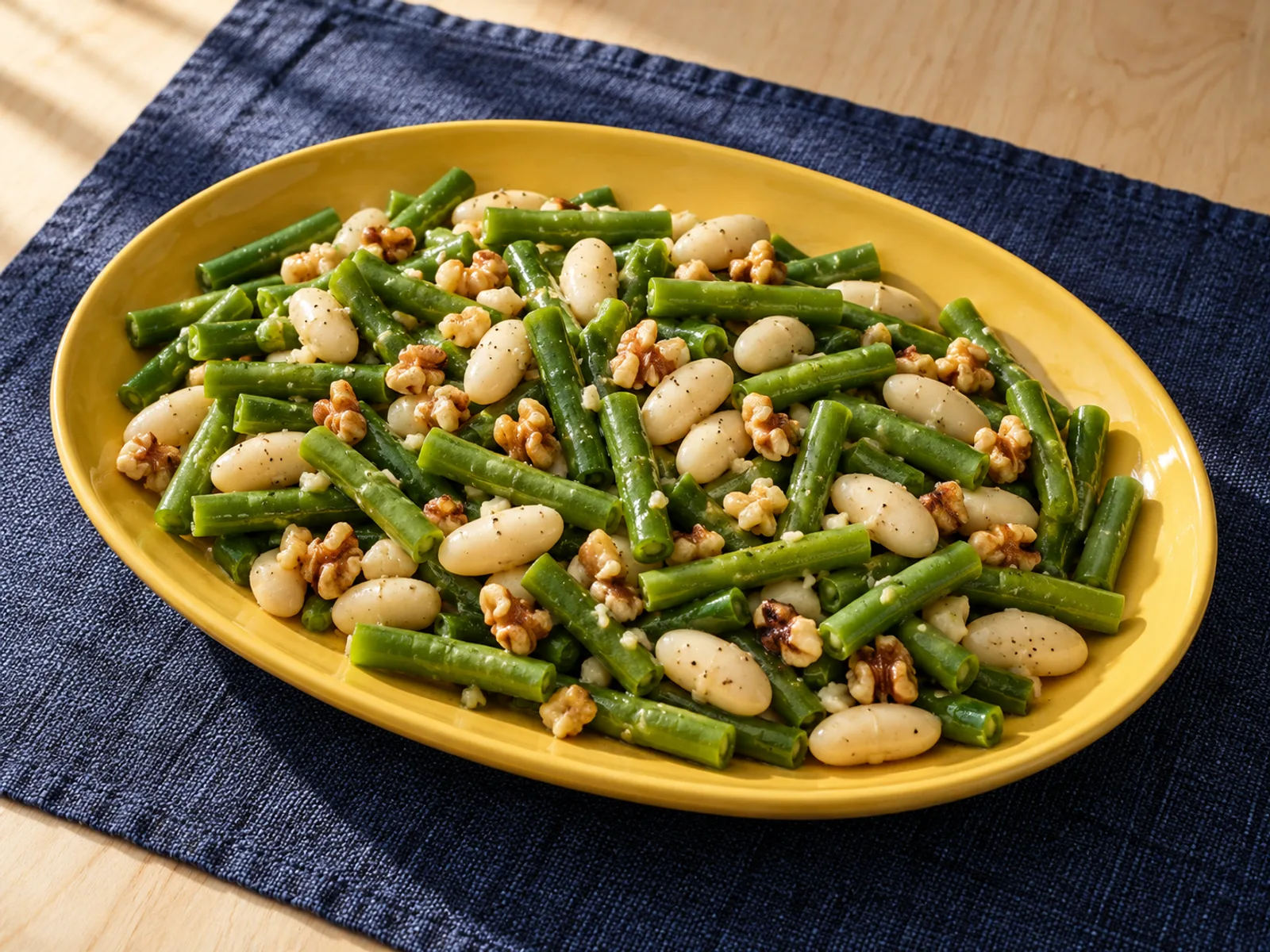 Green beans and white beans with small toasted walnut pieces and a light lemon and garlic coating