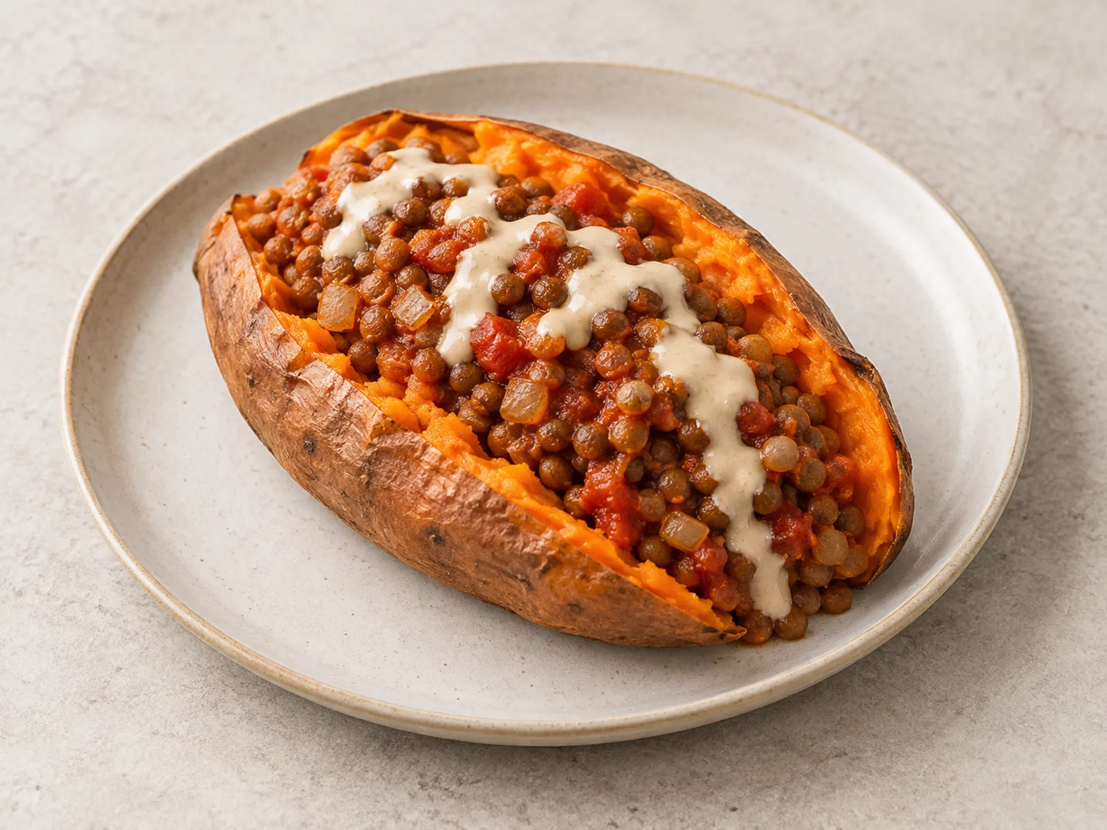 Lentil stuffed sweet potatoes served ready to eat