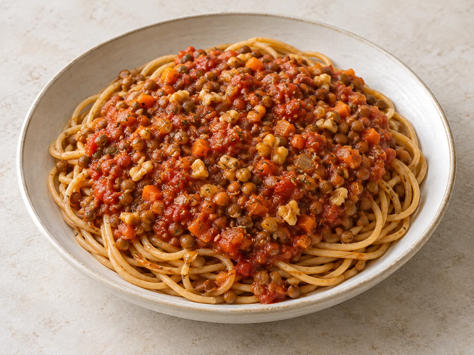 Lentil walnut bolognese served ready to eat