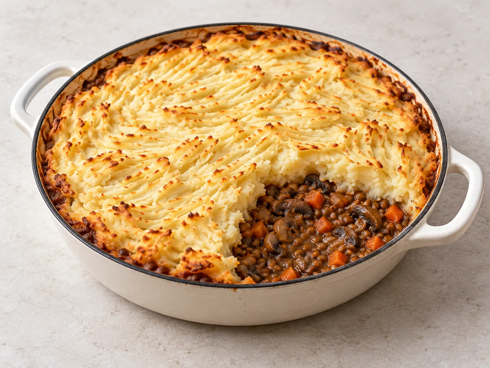 Mushroom lentil shepherd pie served ready to eat