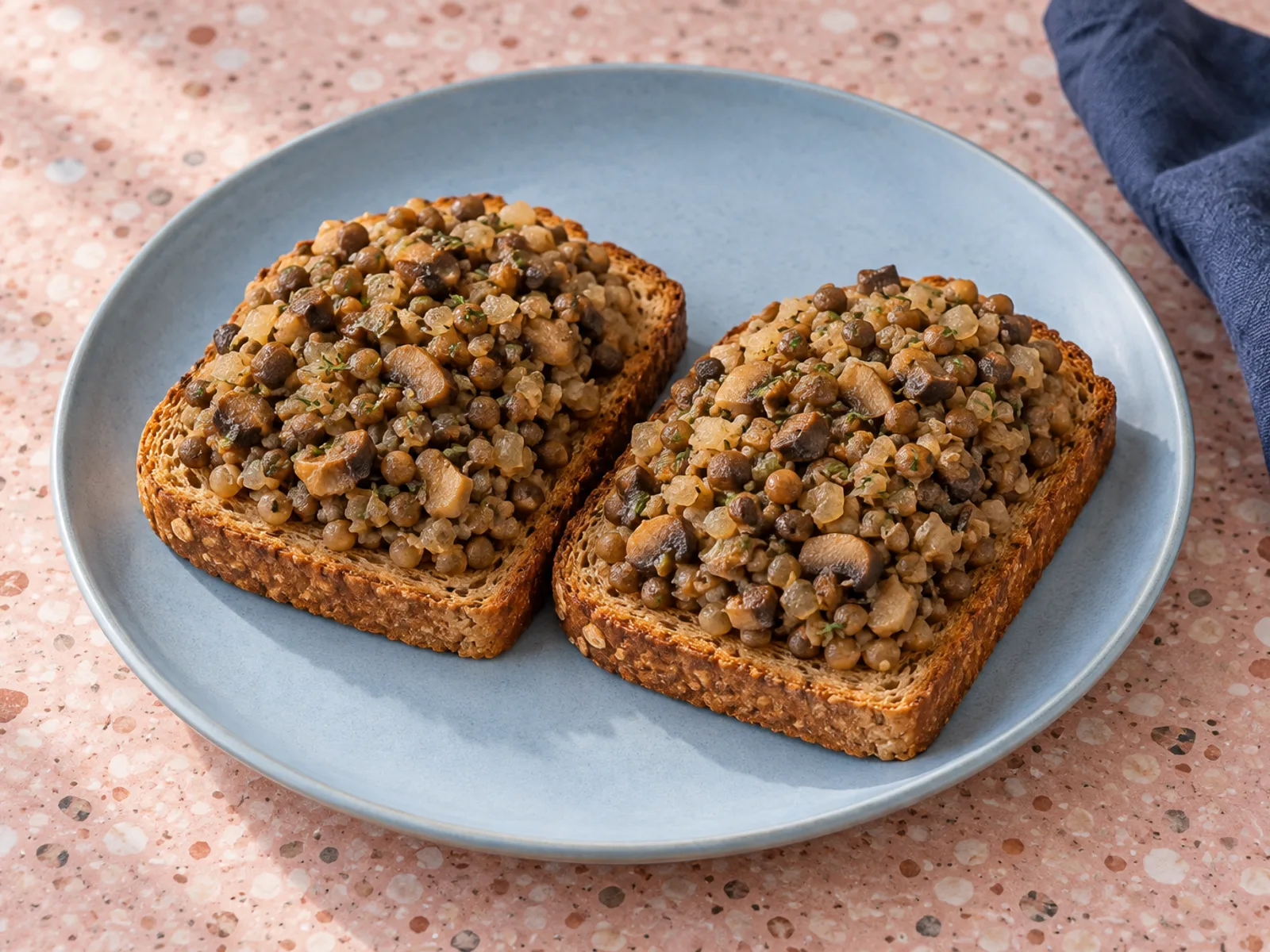 Two crisp whole-wheat toast slices topped with chopped browned mushrooms and partly mashed brown lentils