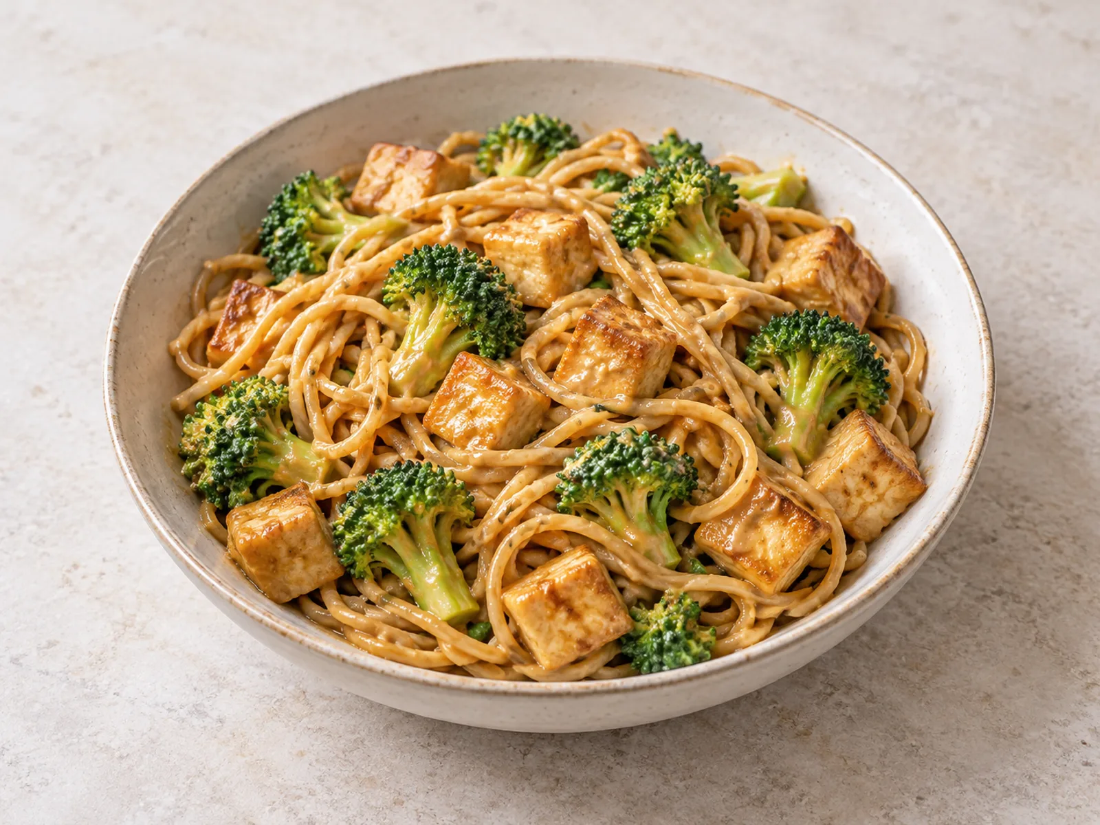 Peanut tofu and broccoli noodles served ready to eat
