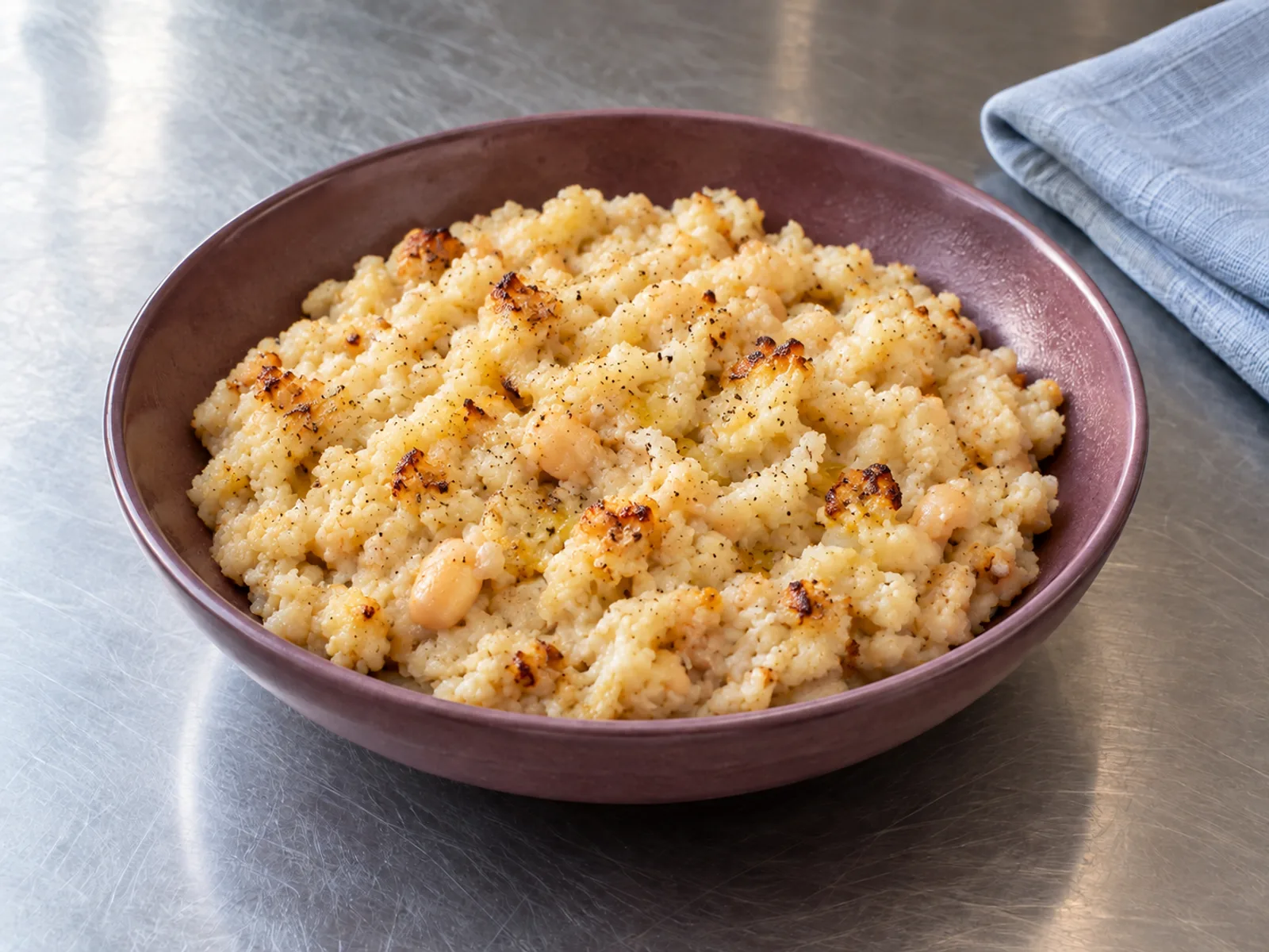 Coarse roasted cauliflower and white bean mash in a plum-colored bowl