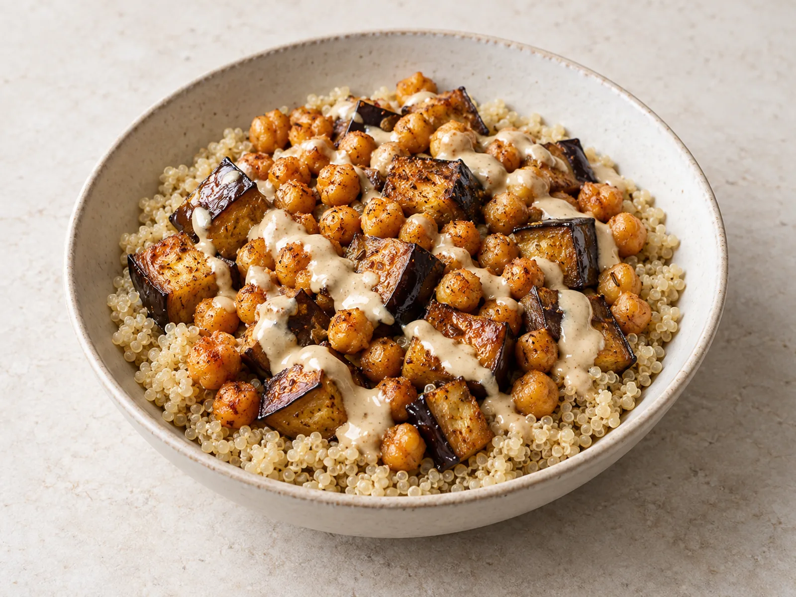 Roasted eggplant chickpea bowls served ready to eat