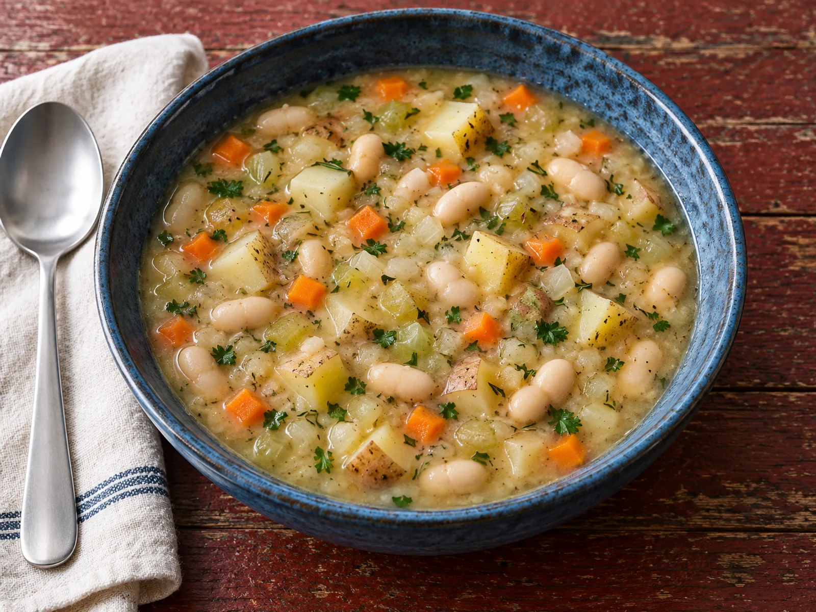 Chunky potato and white bean soup with carrot, celery and chopped parsley in a blue bowl on a dark red wood table